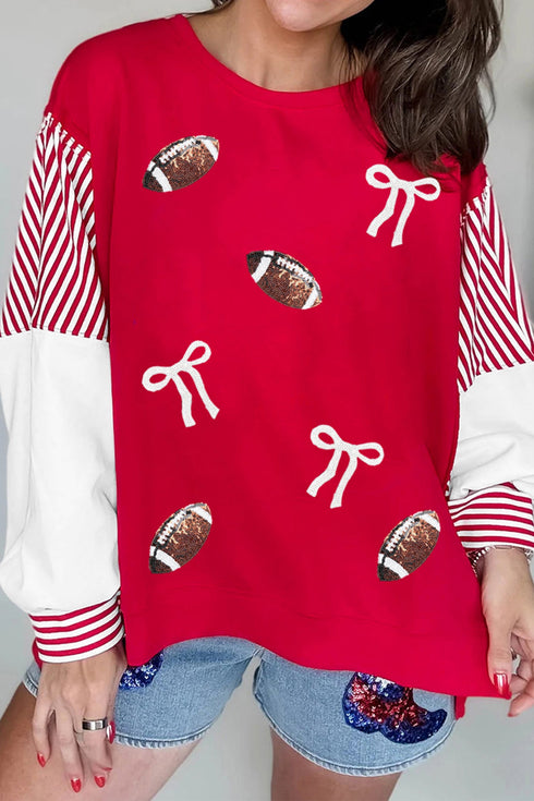 Sequin Rugby Bow Print Striped Sleeve Patchwork Graphic Sweatshirt