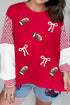 Sequin Rugby Bow Print Striped Sleeve Patchwork Graphic Sweatshirt