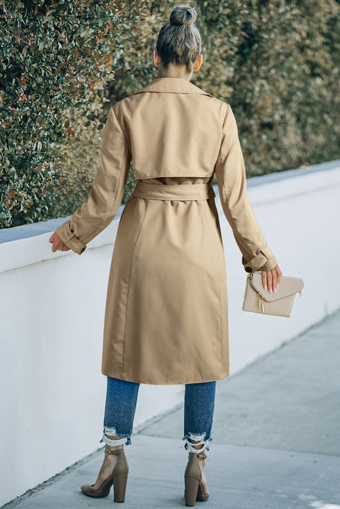 Modern Solid Lapel Collar Waist Tie Wind Coat
