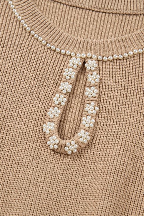Pearl Embellished Keyhole Blouson Knit Sweater Dress