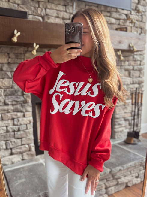 Jesus Saves Slogan Stand Neck Baggy Sweatshirt