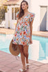 Floral Double Ruffle Sleeve V Neck High Waist Mini Dress
