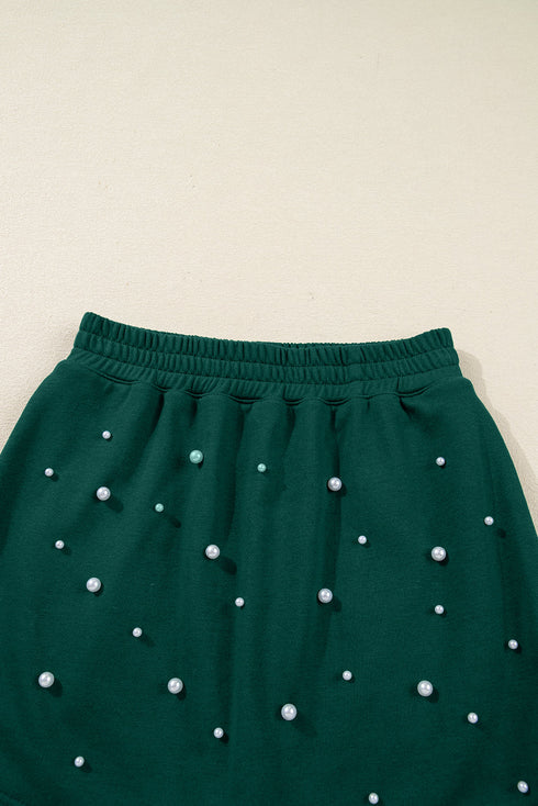 Pearl Embellished Drop Shoulder Pullover Mini Skirt Two Piece Dress