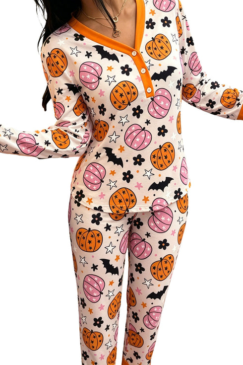 Allover Pumpkin Print Long Sleeve Coordinated Lounge Set