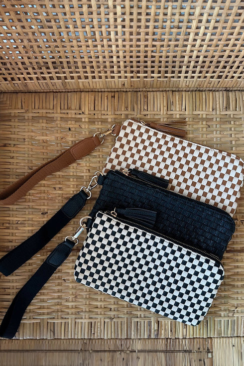 Checkered Woven Fringe Tassel Pu Leather Wristlet Handbag