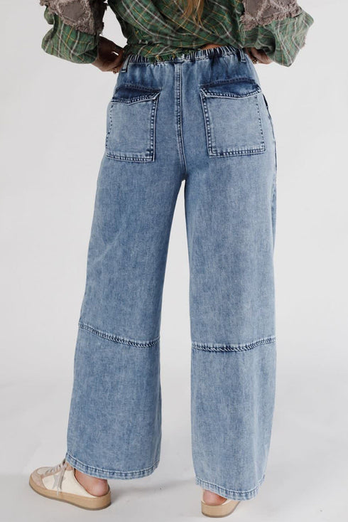 Acid Wash Exposed Seam Elastic Waist Wide Leg Jeans