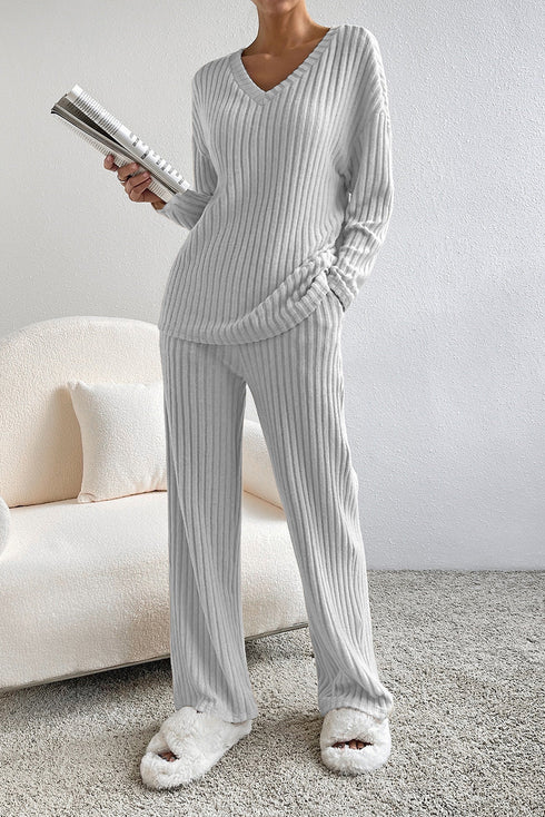 Ribbed Knit Wide Leg Slouchy Two Piece Loungewear