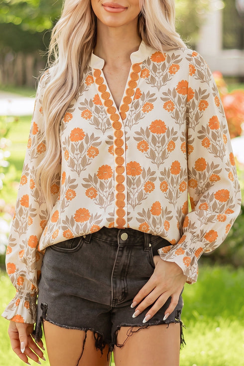 All Over Floral V Neck Southern Belle Long Sleeve Blouse