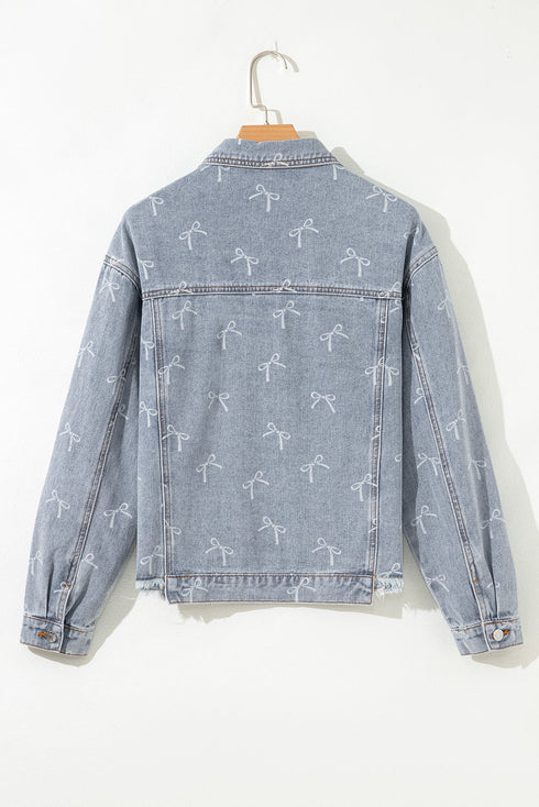 Bow Knot Print Raw Hem Washed Denim Jacket