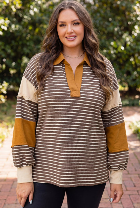 Striped Collar V Neck Long Sleeve Top