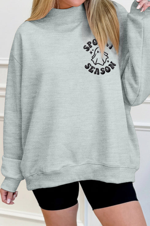 Spooky Embroidered Letter Graphic Mock Neck Sweatshirt
