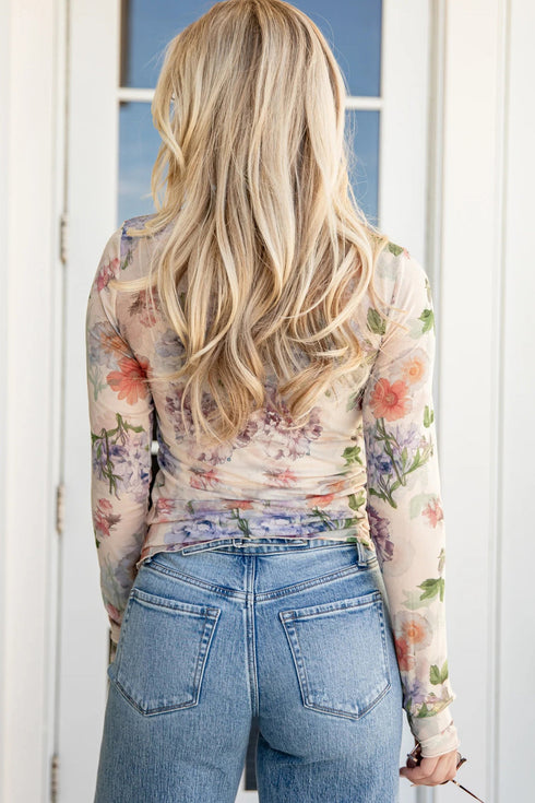 Floral Sheer Mesh Thumbhole Slim Fit Long Sleeve Top