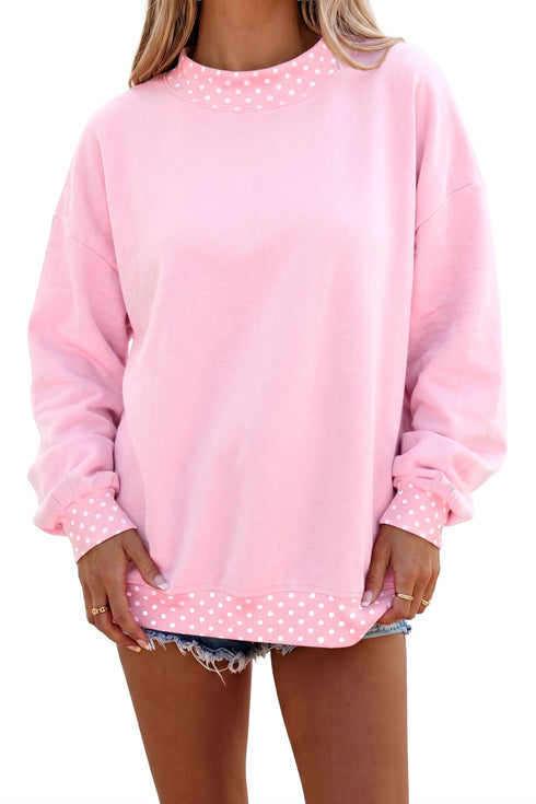 Mock Neck Polka Dot Pattern Trim Oversized Sweatshirt