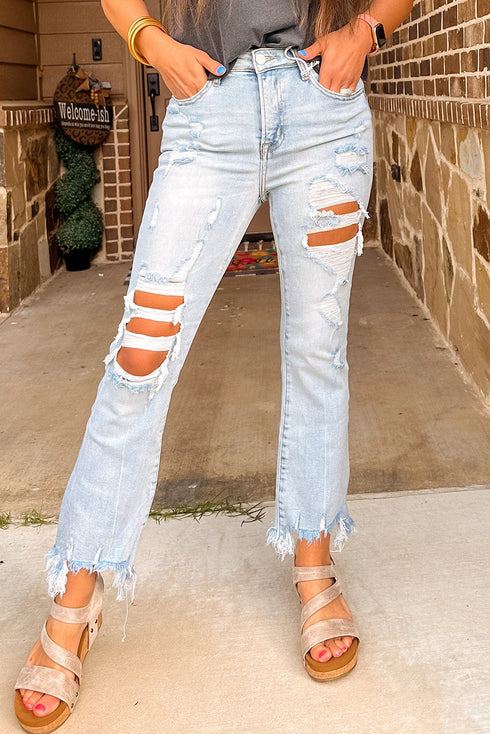 Casual Washed Distressed Solid Denim Wide Leg Jeans