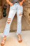 Casual Washed Distressed Solid Denim Wide Leg Jeans
