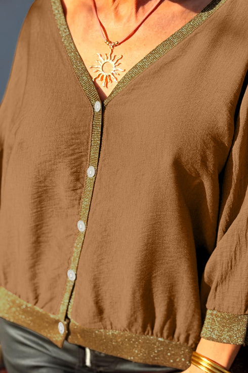 V Neck Glitter Trim Patchwork Button Front Blouse