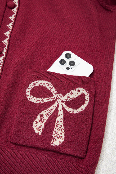 Bow Pocket Collared Long Sleeve Knit Cardigan