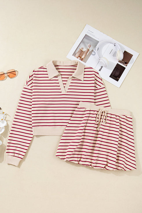 Stripe Cropped Collared Pullover Bubble Skirt Two Piece Dress