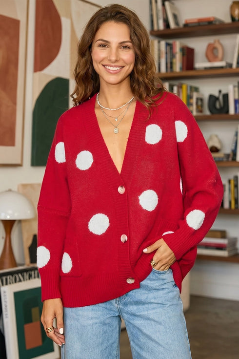 Oversized Polka Dot Button Front V Neck Cardigan