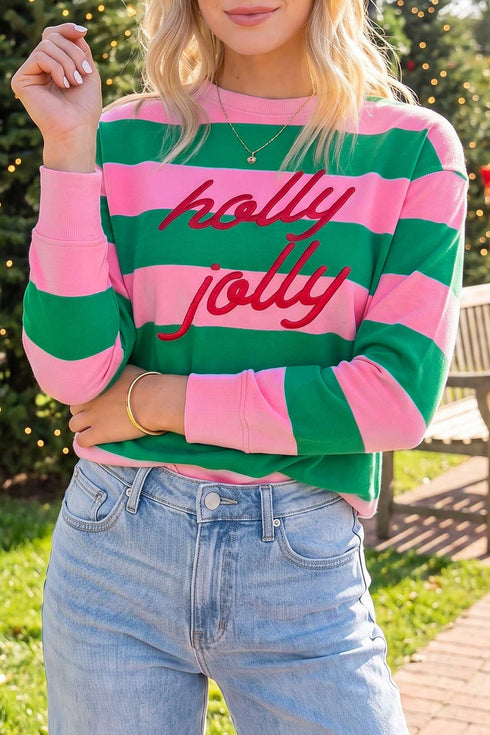 Polyester Striped Pattern Letter Embroidered Pullover Sweatshirt