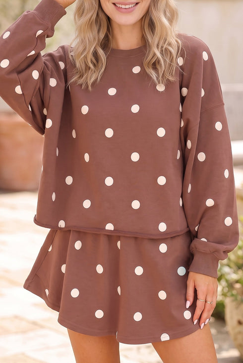 Polka Dot Raw Hem Relaxed Pullover Coordinated Short Set