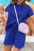 Solid Textured Short Sleeve Active Two Piece Short Set