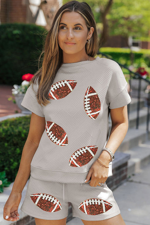 Sequin Rugby Football Textured T Shirt Shorts Graphic Set