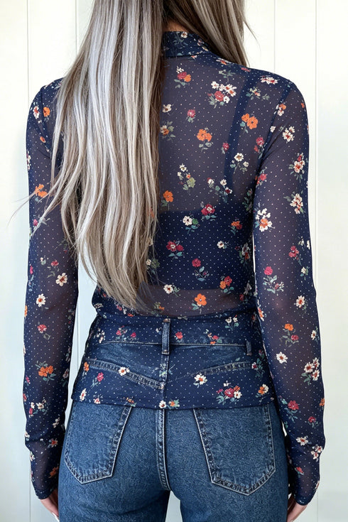 Polka Dot Floral Mesh Long Sleeve High Neck Pullover Sheath Top