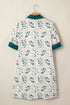 Geometric Floral Print Lace Trim Collared Short Sleeve Mini Dress