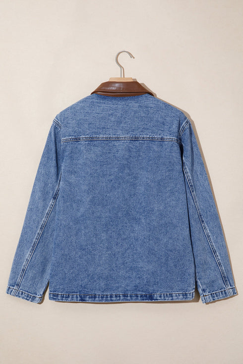 Patchwork Leather Collar Long Sleeve Denim Jacket