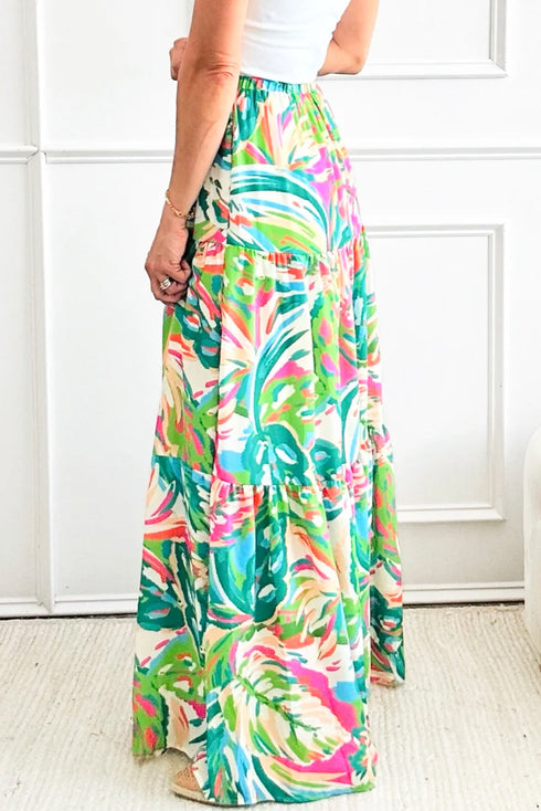 Bohemian Abstract Print High Waist Tiered Maxi Skirt