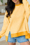 Striped Waffle Knit Split Hem Textured Long Sleeve Top