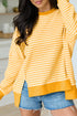 Striped Waffle Knit Split Hem Textured Long Sleeve Top