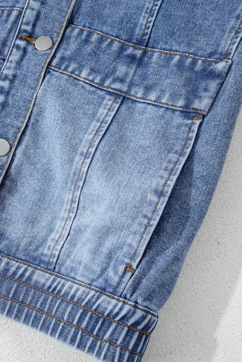 Solid Washed Button Up Elastic Hem Denim Vest