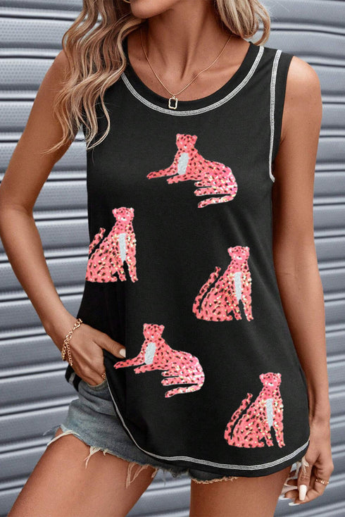 Contrast Stitch Animal Graphic Sleeveless Tank Top