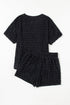 Solid Textured Frill Short Sleeve Drawstring Short Set