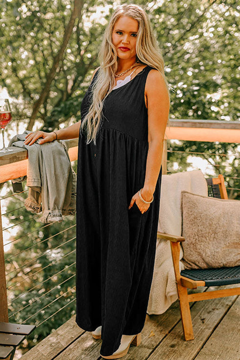 Solid Sleeveless Button Front Loose H Line Jumpsuit