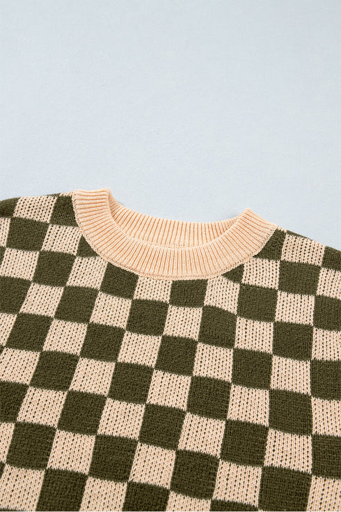 Checkered Drop Shoulder Long Sleeve Knit Sweater