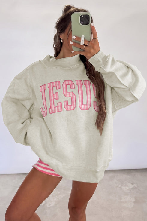 Polka Dot Slogan Applique Baggy Mock Neck Sweatshirt