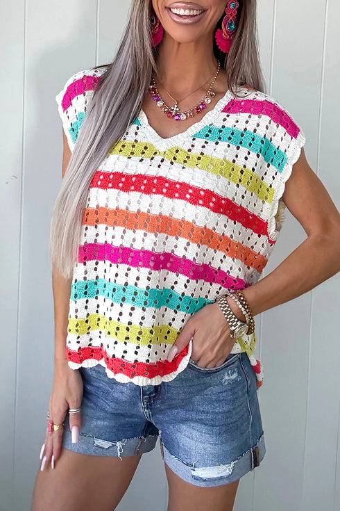 Striped Eyelet Crochet Knit V Neck Short Sleeve Sweater