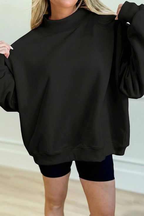 Unpatterned Raised Mock Neck Oversized Fit Sweatshirt