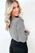 Plaid Shirred Cuff Round Neck Cotton Long Sleeve Blouse