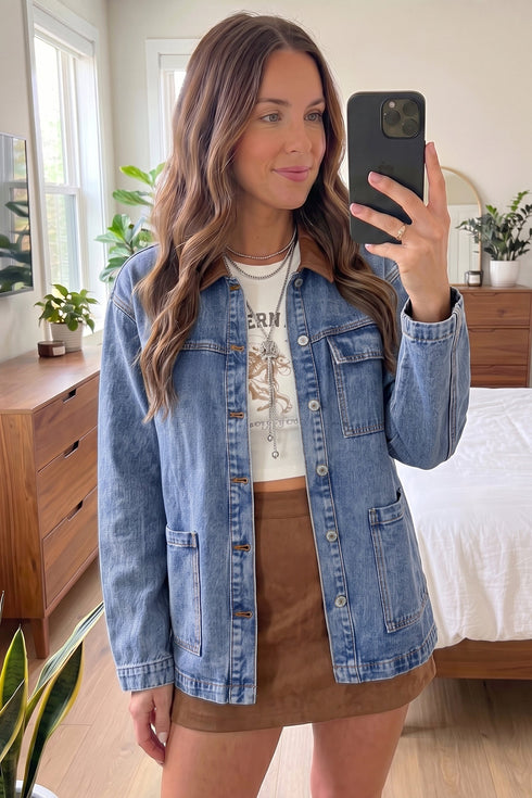 Patchwork Leather Collar Long Sleeve Denim Jacket