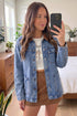Patchwork Leather Collar Long Sleeve Denim Jacket