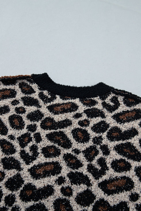 Leopard Star Pattern Round Neck Long Sleeve Shift Sweater