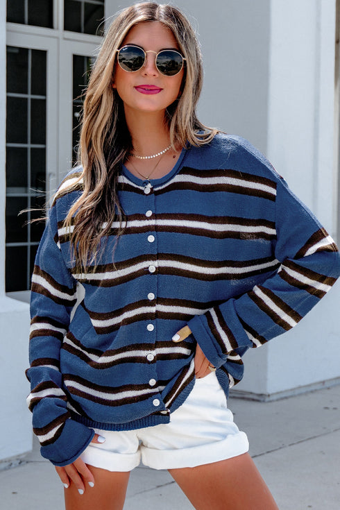 Acrylic Striped Pattern Drop Shoulder Button Cardigan