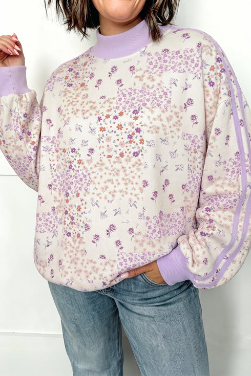 Floral Print Mock Neck Sleeve Paneling Sweatshirt