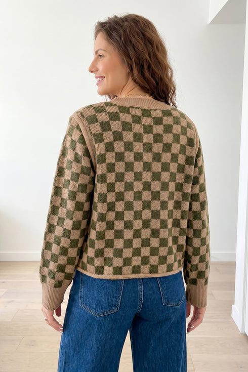 Checkered Drop Shoulder Long Sleeve Knit Sweater