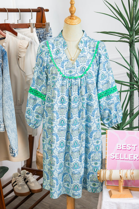 Bohemian Paisley Print Rick Rack Patchwork Loose Mini Dress