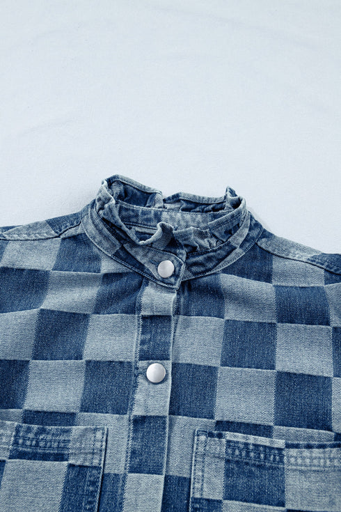 Western Checkered Ruffle Trim Button Down Denim Vest